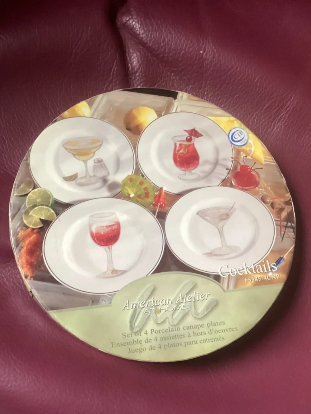 NIB 4 American Atelier Cocktail Theme Porcelain Appetizer Plates Set IN THE BOX